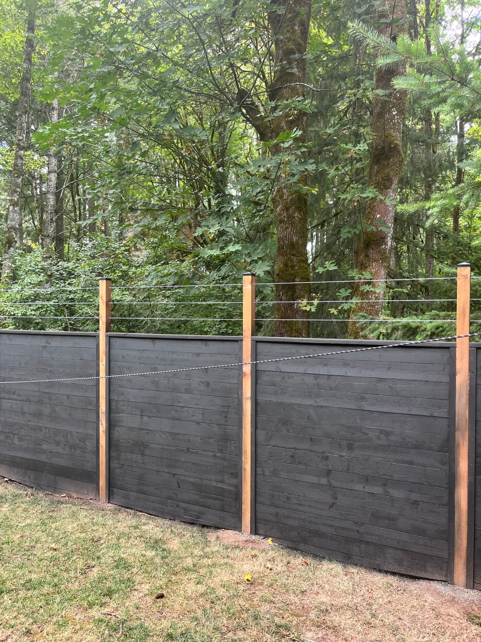 Capped fence posts running above the solid boards, carrying taut horizontal wire